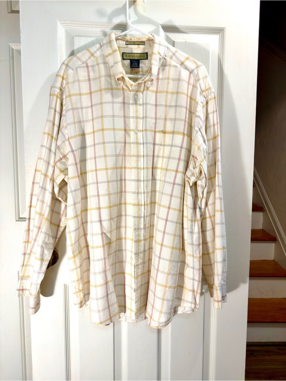 NATURAL LIFE Men's Cream Plaid Button-Down Shirt with Yellow and Pink Stripes
